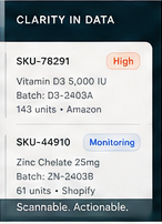 Product context showing matched supplement listings and inventory details